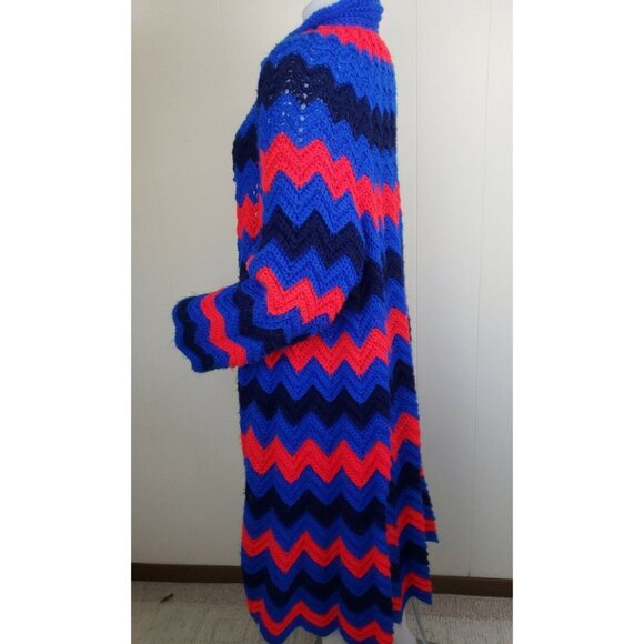 Crochet Granny Square Coat XL Cardigan Handmade Afghan Chevron Rainbow Red Blue - Picture 7 of 11